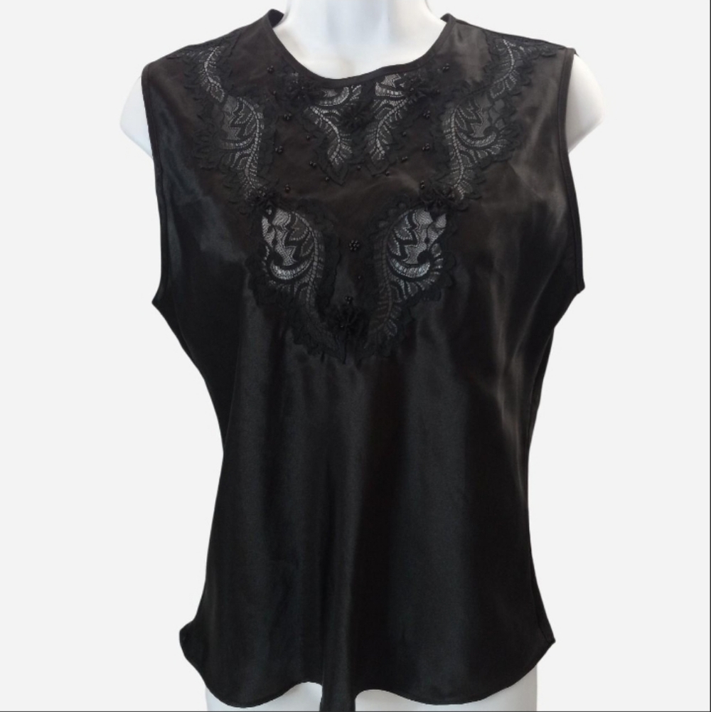 Vintage Escapades Whimsy Goth Lace Floral Beaded Y2K Satin Sleeveless Top
